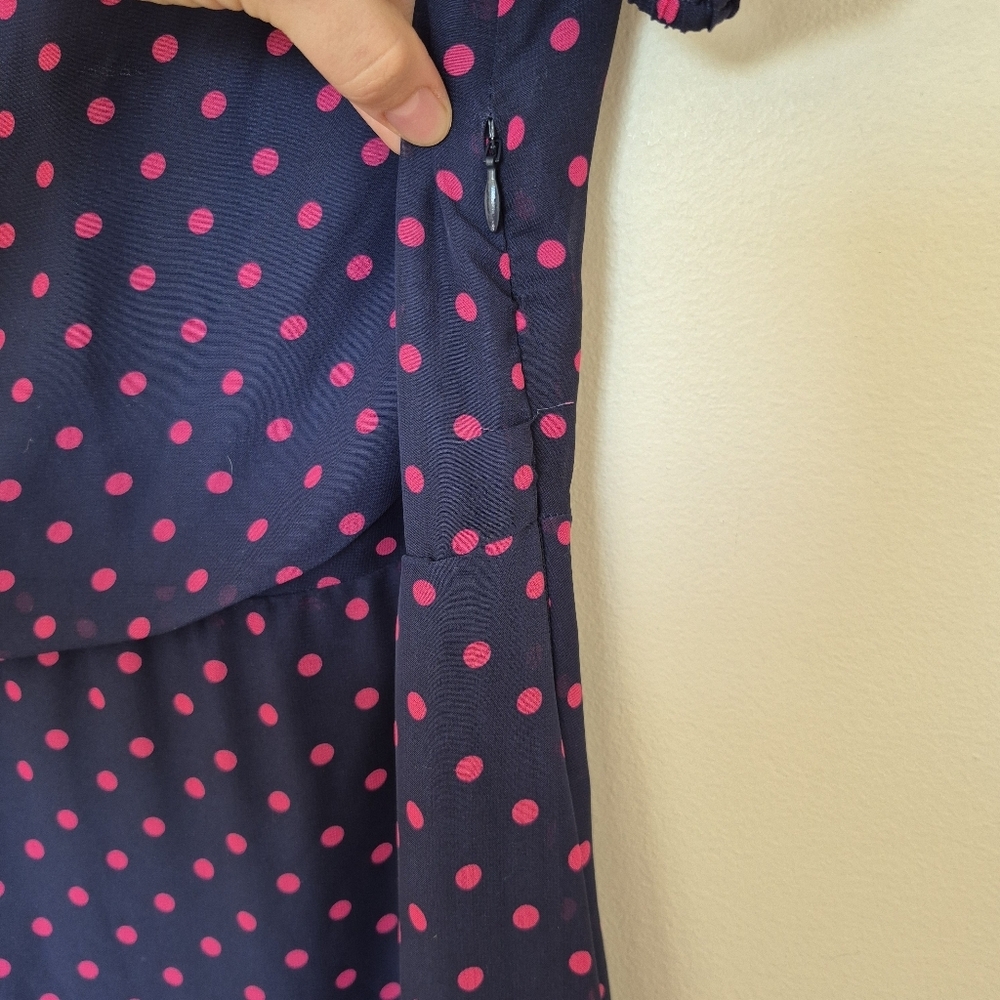 Laura Women's Feminine Navy & Pink Poka Dot Ruffle Asymmetrical Dress Size 4/S - Picture 6 of 9